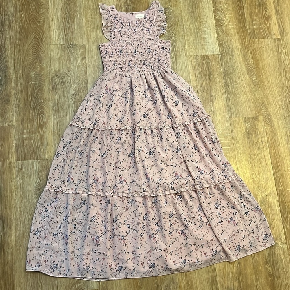 Melloday Rose Pink Floral Maxi Dress Smocked Tiered Lined Size Large L EUC - Picture 3 of 16